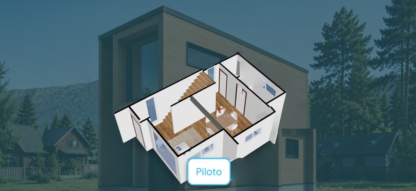 Recorrido 3D de un modelo PROSIP: planta en 3D con medidas de cada recinto y botón Piloto para emplazarlo en el terreno